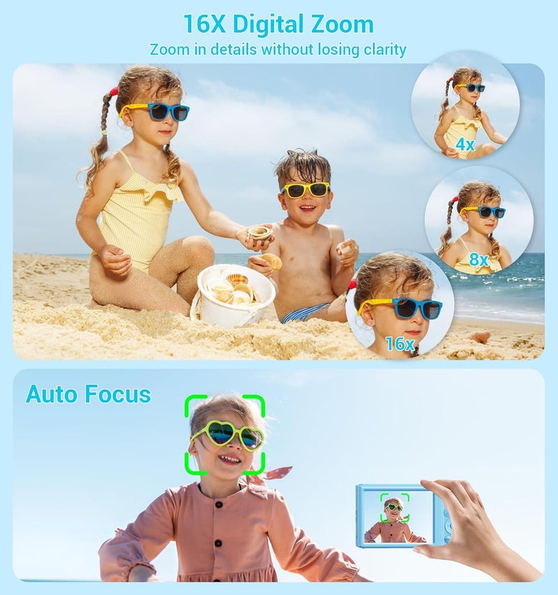 ceye Digital Camera, FHD 4K Compact Cameras with 64GB SD Card 2 Batteries, Portable Travel Digital Camera with 16X Autofocus Digital Zoom Small Camera for Teens Kids Boys Girls - Image 4